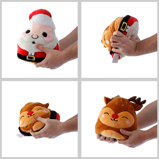 Cuscino di Peluche Natalizio Reversibile - Babbo Natale e Renna - Squidglys